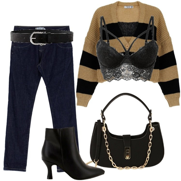 Outfit donna - Kelly_475 Febbraio. Stile Sporty chic per Tutti i giorni. Abbinamento con cinture, reggiseni, jeans, cardigans, stivaletti, borse a spalla.