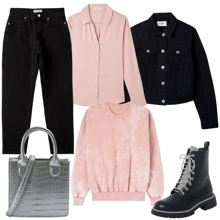 Outfit donna - Streetwear per lo shopping. Stile Trendy per Tutti i giorni. Abbinamento con camicie, felpe, jeans mom, anfibi, blazer, shopping bag.
