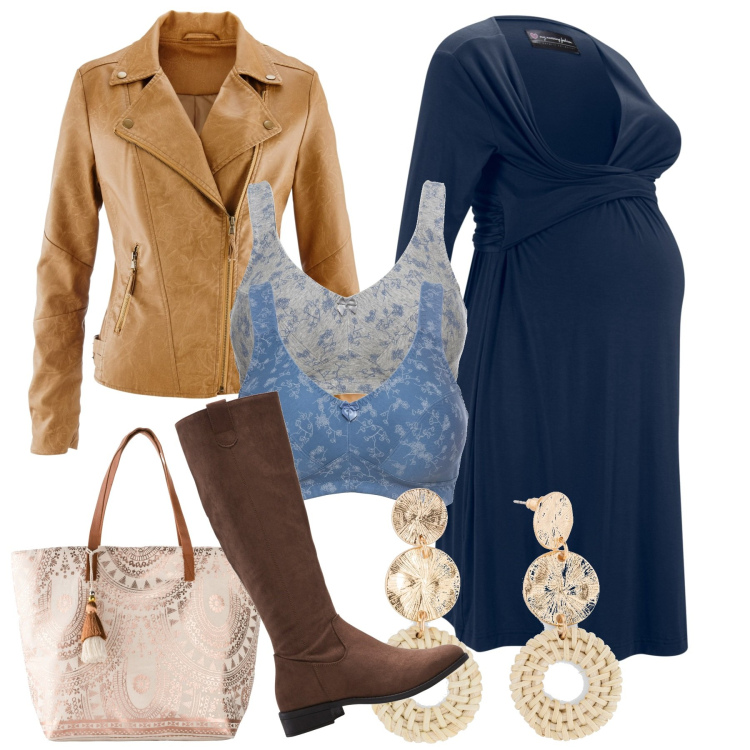 Outfit donna - Lingerie prèmaman. Stile Bon Ton per Serata fuori. Abbinamento con stivali, vestiti, orecchini, reggiseni, blazer, shopping bag.