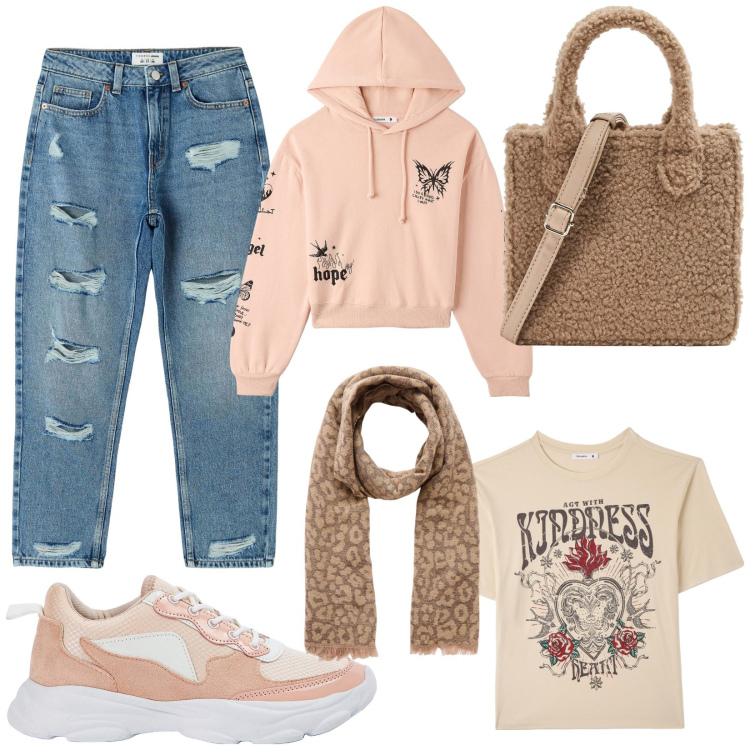 Outfit donna - Total look #1815998. Stile Urban per Scuola/Università. Abbinamento con jeans mom, t-shirt, sneakers, felpe con cappuccio, sciarpe, shopping bag.