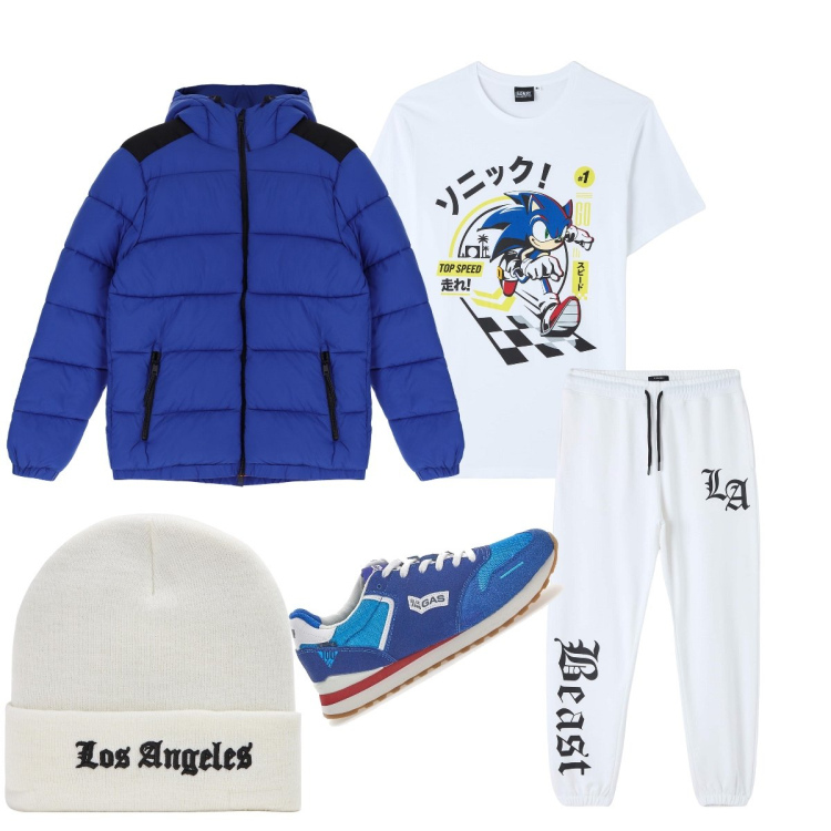 Outfit uomo - Bellissimo contrasto. Stile Casual per Tutti i giorni. Abbinamento con t-shirt, cappelli con visiera, pantaloni sportivi, piumini, sneakers.