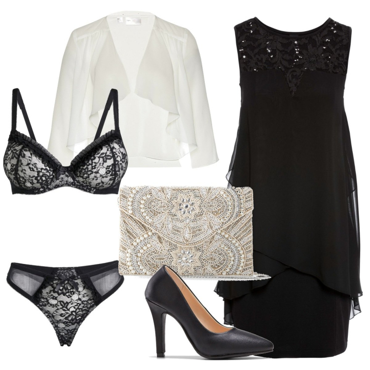 Outfit donna - Serata specilissima. Stile Chic per Serata fuori. Abbinamento con blazer, pochette, vestiti, reggiseni, décolleté.