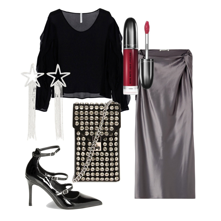 Outfit donna - Ghost outfitter - febbraio. Stile Glamour per Serata fuori. Abbinamento con rossetti, vestiti corti, maglieria, borse a spalla, décolleté, orecchini.