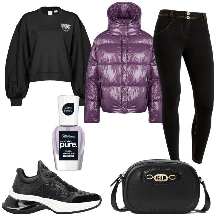 Outfit donna - Piumino riciclato. Stile Sporty chic per Tutti i giorni. Abbinamento con smalti, sneakers, felpe, jeggings, borse a tracolla, blazer.