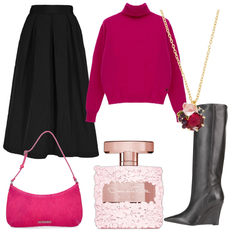 Outfit donna - Ispirazione romantica. Stile Romantica per Serata fuori. Abbinamento con collane, stivali, profumi, maglieria, gonne, borse a spalla.