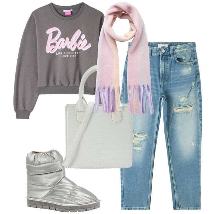 Outfit donna - Terranova Streetwear. Stile Urban per Scuola/Università. Abbinamento con jeans mom, felpe, stivali da neve, shopping bag, sciarpe.