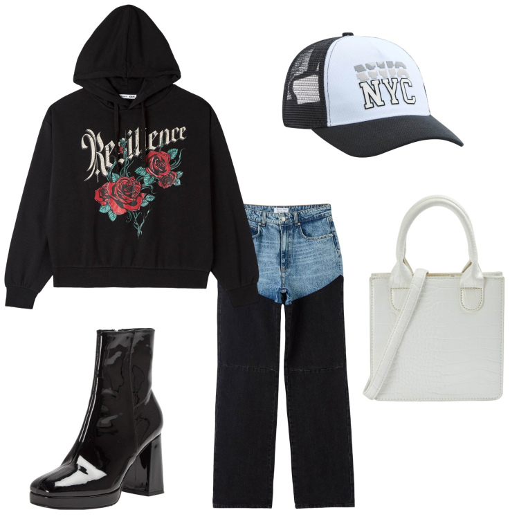 Outfit donna - Romantic Streetwear .... Stile Romantica per Tutti i giorni. Abbinamento con cappelli, felpe con cappuccio, stivaletti, jeans dritti, shopping bag.