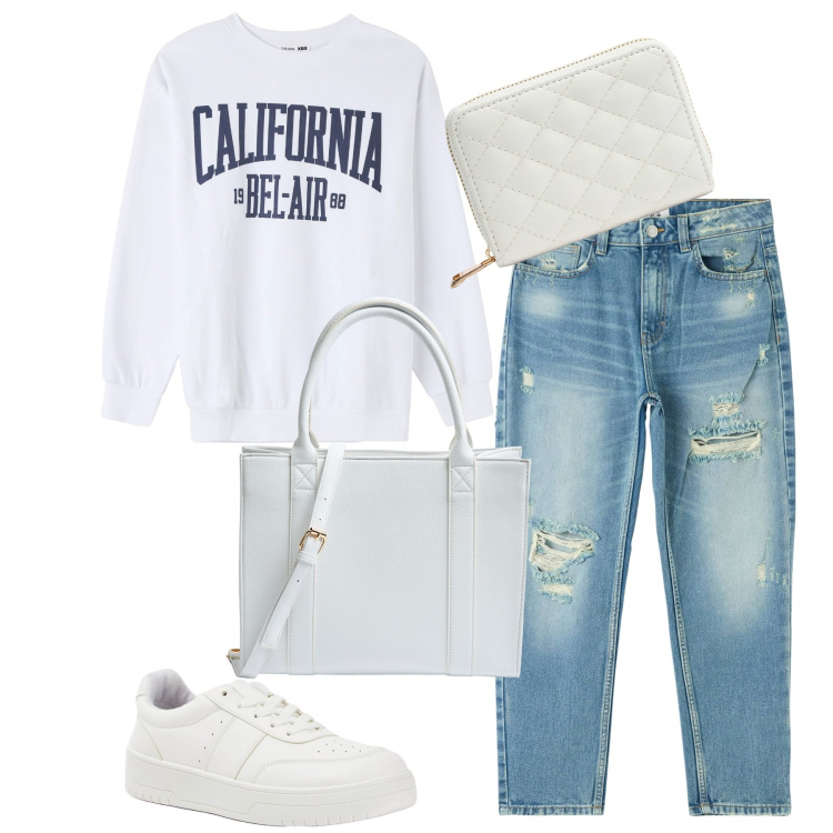 Outfit donna - Terranova Streetwear. Stile Casual per Scuola/Università. Abbinamento con jeans mom, felpe sportive, sneakers, shopping bag, portafogli.