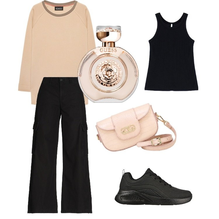 Outfit donna - Kelly_475Febbraio. Stile Urban per Tutti i giorni. Abbinamento con pantaloni cargo, profumi, top, pochette, felpe, sneakers.