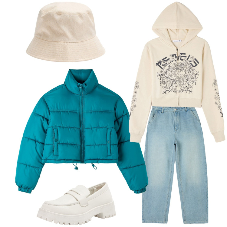 Outfit donna - Chinese year. Stile Urban per Tutti i giorni. Abbinamento con jeans, piumini, felpe con cappuccio, cappelli, mocassini.