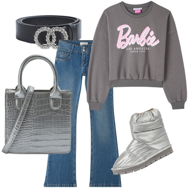 Outfit donna - Dettagli argentati. Stile Casual per Tutti i giorni. Abbinamento con felpe, jeans a zampa, stivali da neve, cinture, shopping bag.