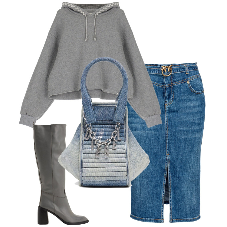 Outfit donna - La gonna di jeans. Stile Casual chic per Tutti i giorni. Abbinamento con stivali sopra il ginocchio, gonne longuette, felpe con cappuccio, borse a mano.