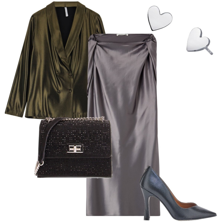 Outfit donna - Effetto satinato. Stile Glamour per Serata fuori. Abbinamento con vestiti corti, orecchini, cappotti, borse a tracolla, décolleté.