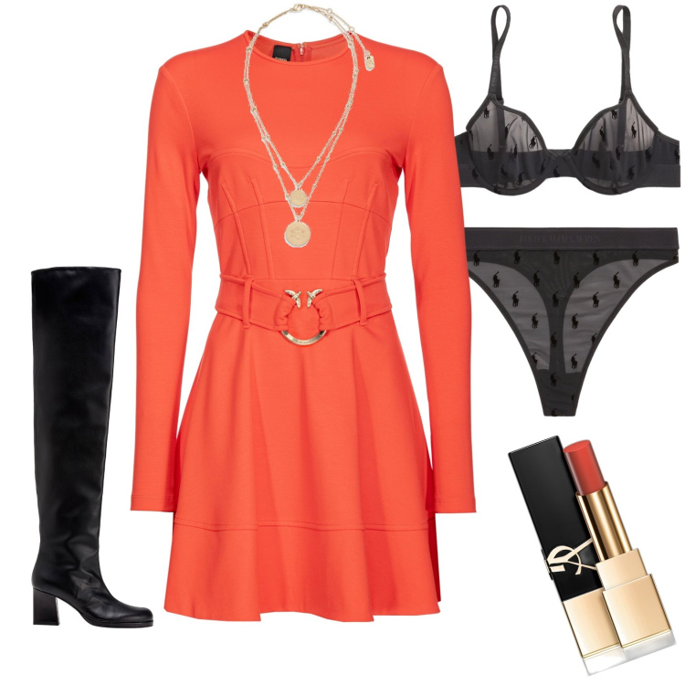 Outfit donna - Abitino amaranto e stivali. Stile Trendy per Serata fuori. Abbinamento con rossetti, vestiti corti, stivali sopra il ginocchio, ciondoli, reggiseni, perizomi.