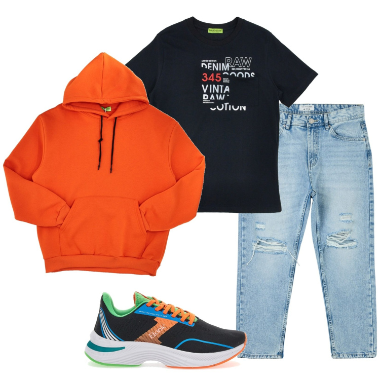Outfit uomo - Total look #1816123. Stile Casual per Tutti i giorni. Abbinamento con jeans strappati, felpe con cappuccio, t-shirt, sneakers.