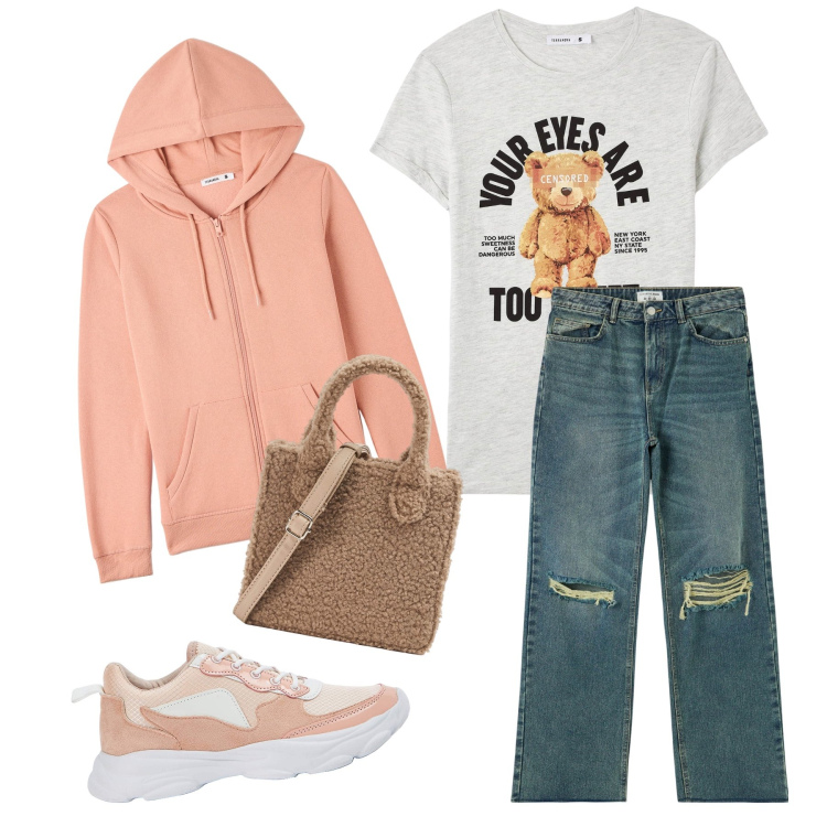 Outfit donna - Teddy. Stile Casual per Tutti i giorni. Abbinamento con jeans strappati, t-shirt, sneakers, felpe con cappuccio, shopping bag.