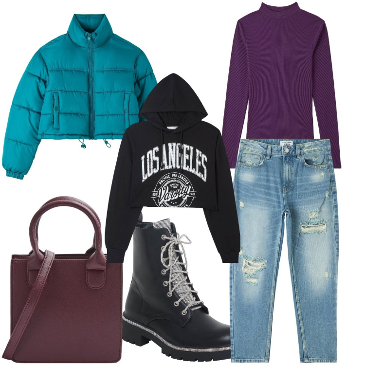 Outfit donna - Comode in jeans. Stile Basic per Tutti i giorni. Abbinamento con jeans mom, t-shirt, shopping bag, piumini, felpe sportive, anfibi.