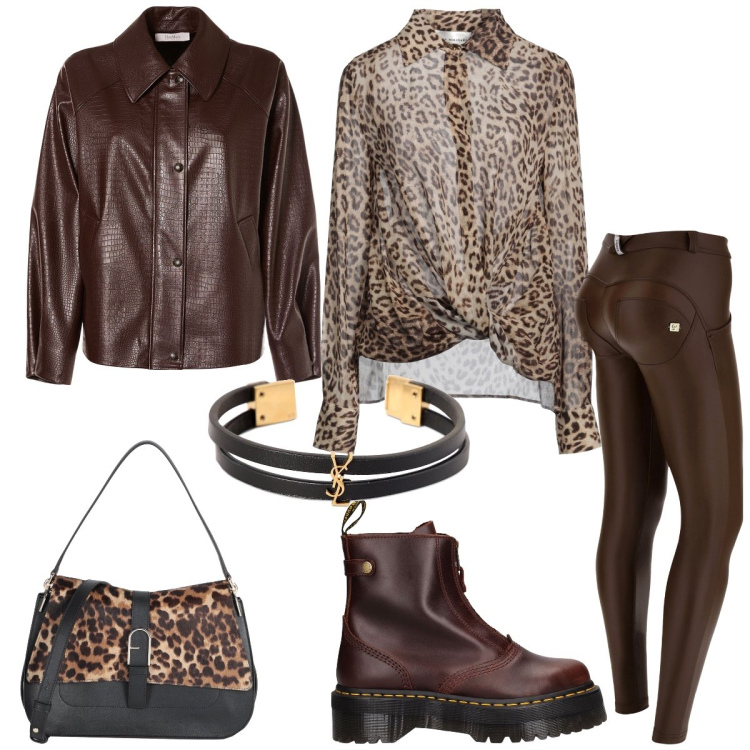 Outfit donna - Animalier casual. Stile Casual per Tutti i giorni. Abbinamento con camicie, borse a mano, pantaloni skinny, blazer, braccialetti, stivaletti.