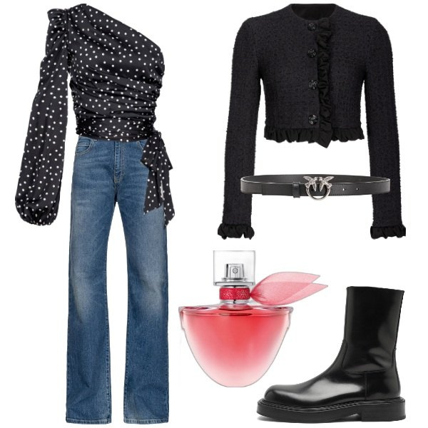 Outfit donna - Sempre glam. Stile Sporty chic per Tutti i giorni. Abbinamento con profumi, bluse, cinture, blazer, jeans, stivaletti.