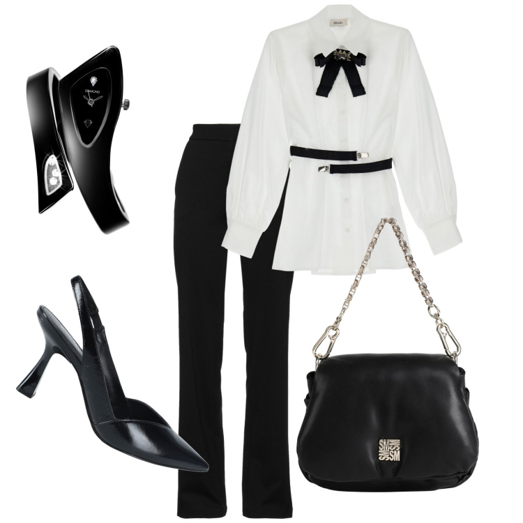 Outfit donna - La camicia col fiocco. Stile Urban per Ufficio. Abbinamento con décolleté, orologi, borse a mano, pantaloni, camicie.