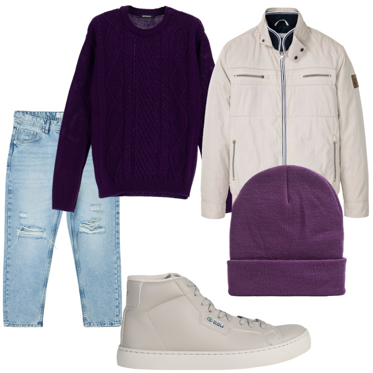 Outfit uomo - Total look #1816220. Stile Casual per Tutti i giorni. Abbinamento con giacche, sneakers alte, jeans strappati, berretti, pullovers.