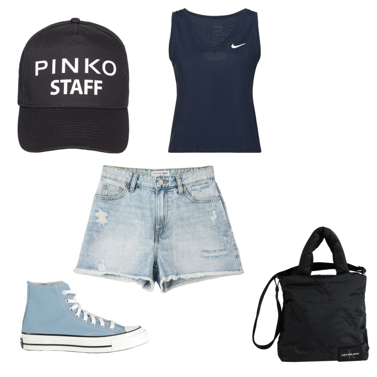 Outfit donna - Concerto estivo. Stile Basic per Serata fuori. Abbinamento con borse a tracolla, sneakers alte, shorts, cappelli con visiera, canottiere.