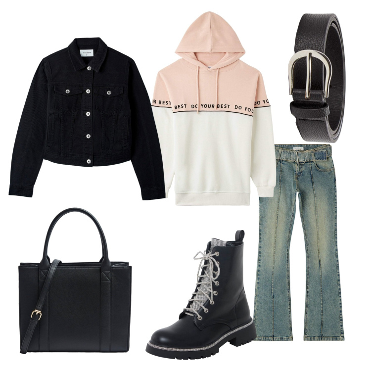 Outfit donna - Oggi a spasso. Stile Casual chic per Tutti i giorni. Abbinamento con jeans a zampa, felpe con cappuccio, shopping bag, blazer, anfibi, cinture.