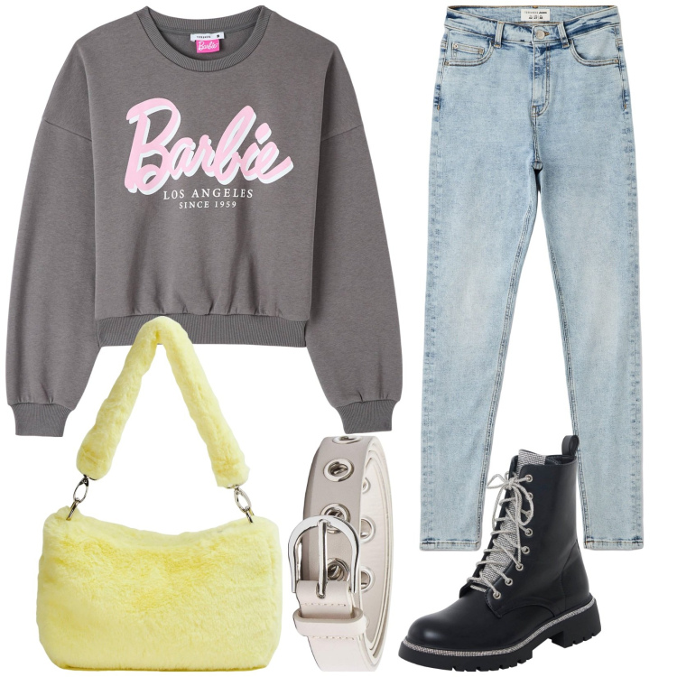 Outfit donna - Barbie. Stile Casual per Tutti i giorni. Abbinamento con felpe, jeans skinny, cinture, borse a spalla, anfibi.