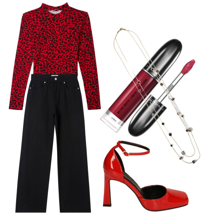 Outfit donna - Deep red. Stile Casual per Tutti i giorni. Abbinamento con rossetti, t-shirt, pantaloni, décolleté, collane.