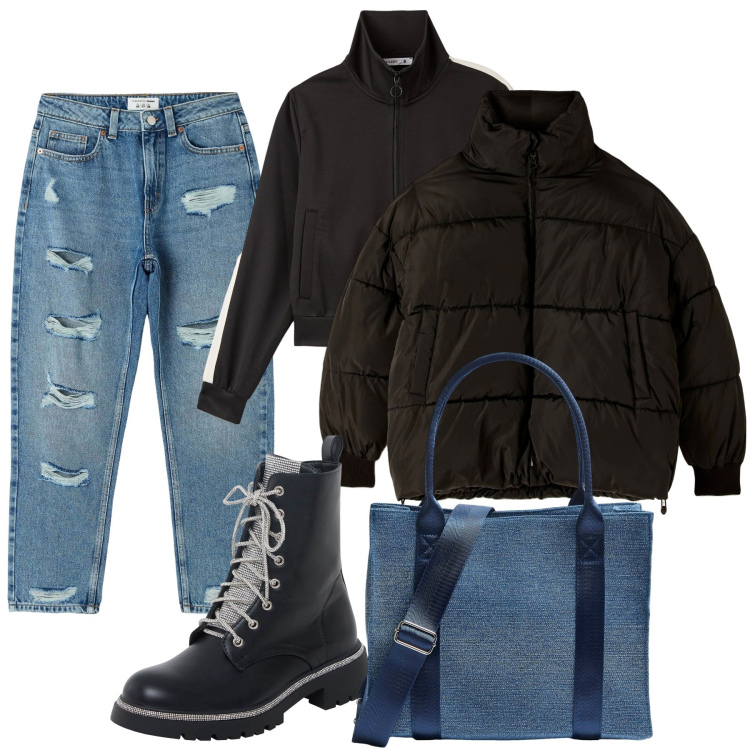 Outfit donna - Basic e Urban. Stile Urban per Tutti i giorni. Abbinamento con jeans mom, felpe, piumini, shopping bag, anfibi.