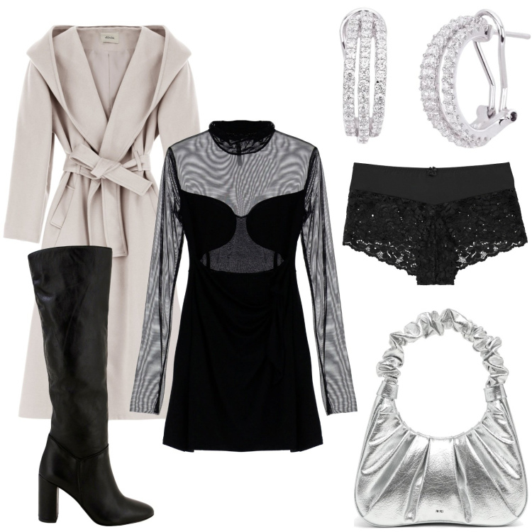 Outfit donna - A cena con lui. Stile Chic per Serata fuori. Abbinamento con culotte, orecchini, vestiti corti, stivali, cappotti, borse a mano.