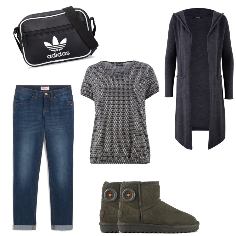 Outfit donna - Ready to go!. Stile Casual per Scuola/Università. Abbinamento con cardigans, jeans dritti, t-shirt, borse a spalla, stivali sopra il ginocchio.