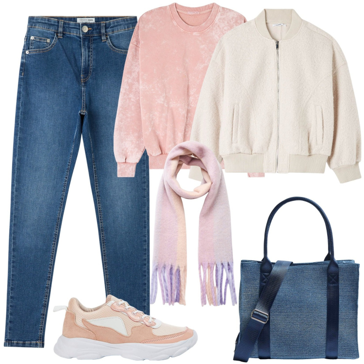 Outfit donna - Streetwear. Stile Casual per Tutti i giorni. Abbinamento con felpe, jeans skinny, sneakers, bomber, sciarpe, shopping bag.