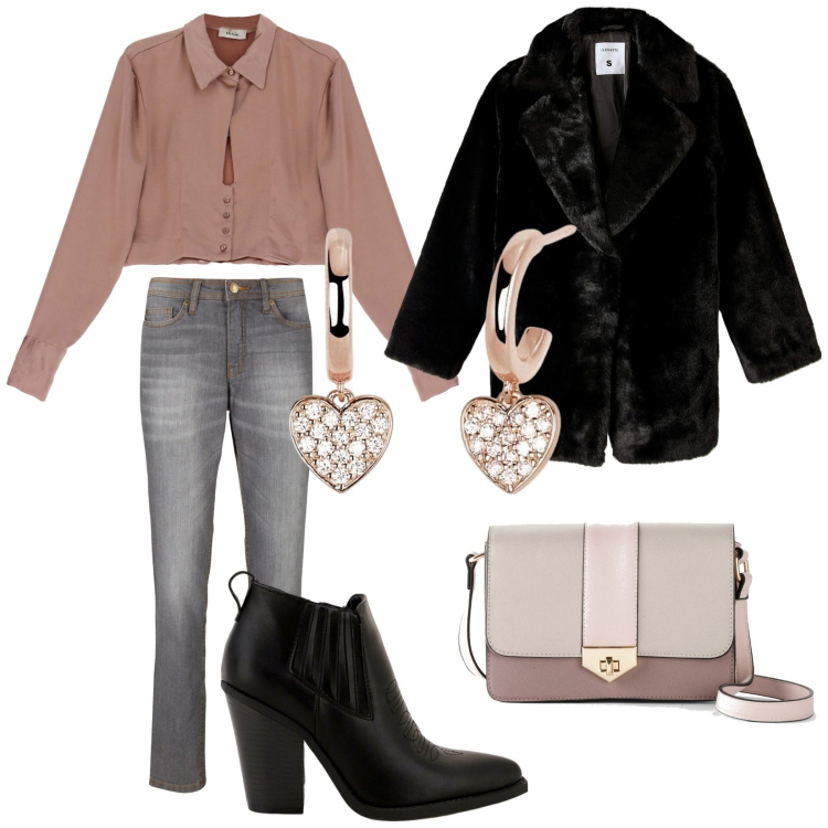 Outfit donna - Total look #1816289. Stile Casual chic per Tutti i giorni. Abbinamento con jeans mom, borse a tracolla, ecopellicce, orecchini, stivaletti, camicie.