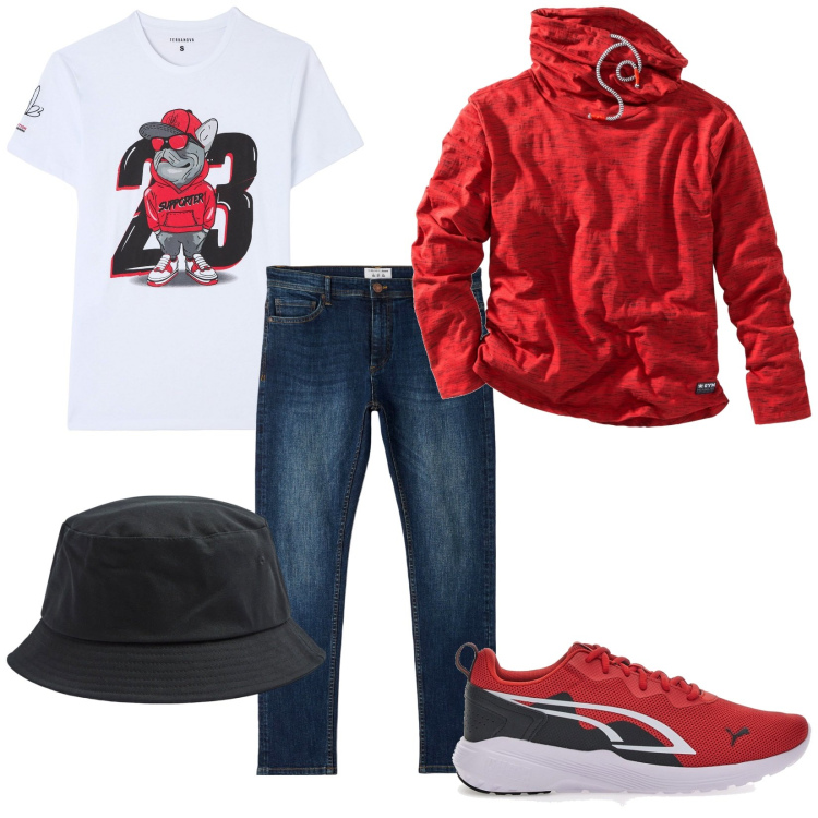 Outfit uomo - Total look #1816292. Stile Urban per Tutti i giorni. Abbinamento con maglieria, jeans skinny, t-shirt, cappelli, sneakers.