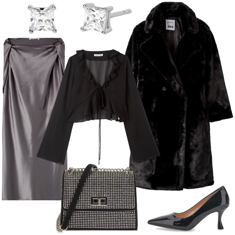 Outfit donna - Una serata speciale. Stile Chic per Serata fuori. Abbinamento con vestiti corti, ecopellicce, bluse, orecchini, borse a tracolla, décolleté.
