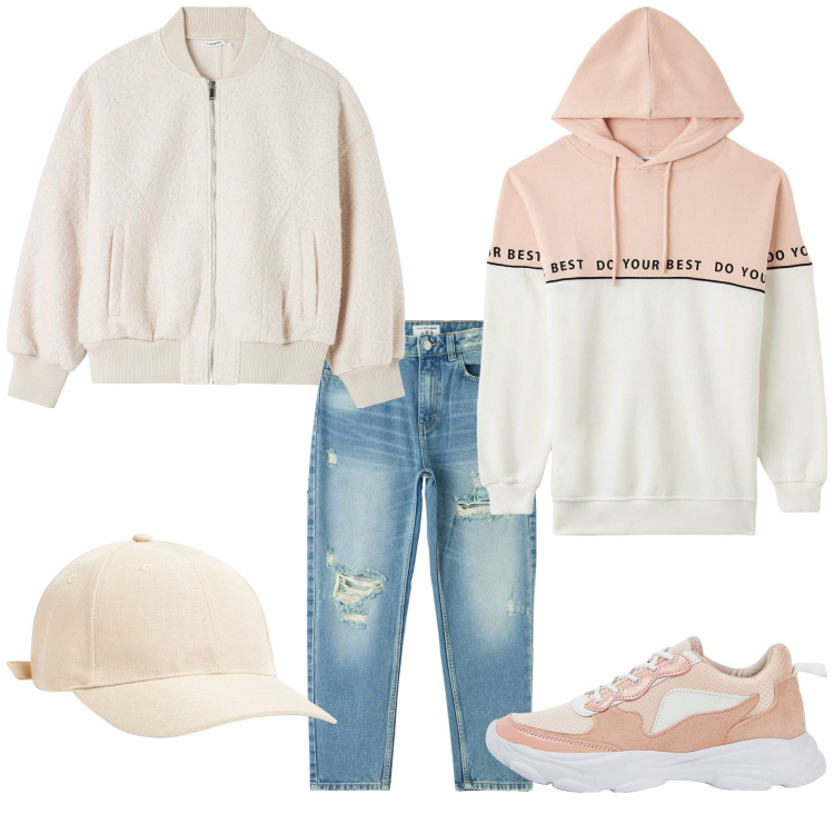 Outfit donna - Terranova Streetwear. Stile Urban per Tutti i giorni. Abbinamento con jeans mom, cappelli, felpe con cappuccio, sneakers, bomber.
