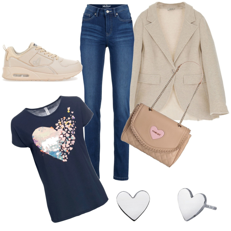 Outfit donna - San Valentino ️. Stile Casual per Tutti i giorni. Abbinamento con jeans, t-shirt, borse a spalla, orecchini, cappotti, sneakers.