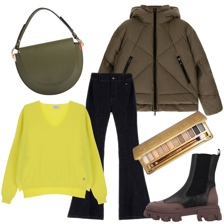 Outfit donna - Domenica piovosa. Stile Casual per Tutti i giorni. Abbinamento con borse a mano, stivaletti, ombretti, jeans, pullovers, piumini.