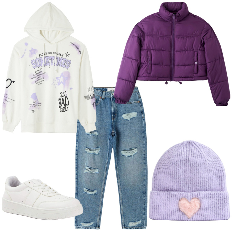 Outfit donna - Streetwear con i colori che preferisco. Stile Urban per Tutti i giorni. Abbinamento con jeans mom, felpe con cappuccio, berretti, sneakers, piumini.