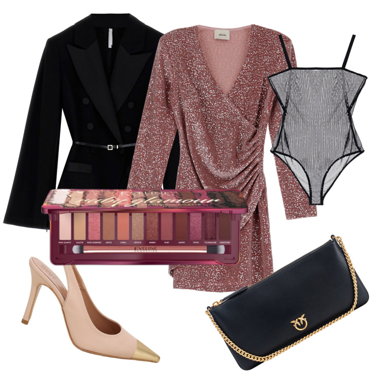 Outfit donna - 14 febbraio. Stile Chic per Serata fuori. Abbinamento con ombretti, borse a tracolla, body, blazer, vestiti corti, décolleté.