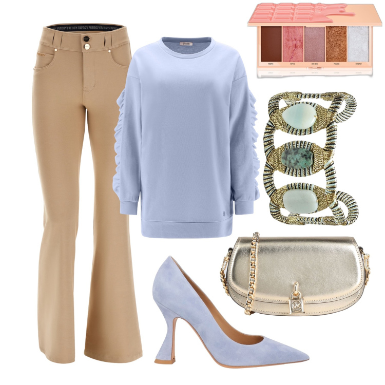 Outfit donna - San Valentino differente. Stile Casual chic per Serata fuori. Abbinamento con décolleté, braccialetti, borse a tracolla, blush, felpe, pantaloni.