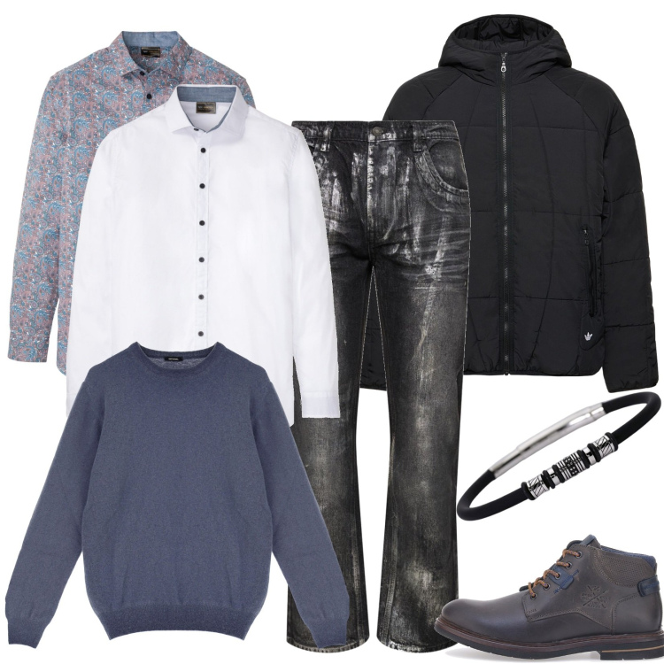 Outfit uomo - Che colore per la camicia?. Stile Urban per Tutti i giorni. Abbinamento con braccialetti, pullovers, piumini, stivali e stivaletti, camicie, jeans skinny.