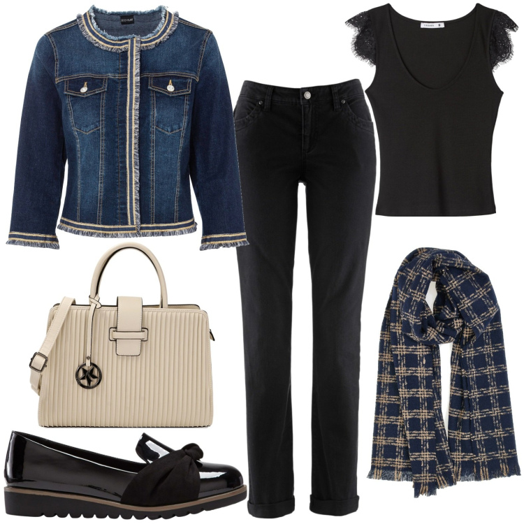 Outfit donna - Jeans chic. Stile Casual chic per Tutti i giorni. Abbinamento con blazer, jeans dritti, mocassini, canottiere, borse a mano, sciarpe.