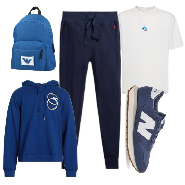 Outfit uomo - Sebastian: super-scontato. Stile Urban per Tutti i giorni. Abbinamento con borse sportive, felpe con cappuccio, pantaloni, sneakers, t-shirt.