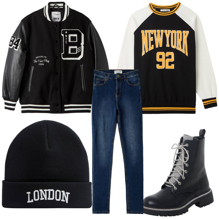 Outfit donna - Total look #1816373. Stile Urban per Scuola/Università. Abbinamento con jeans skinny, bomber, berretti, felpe, anfibi.