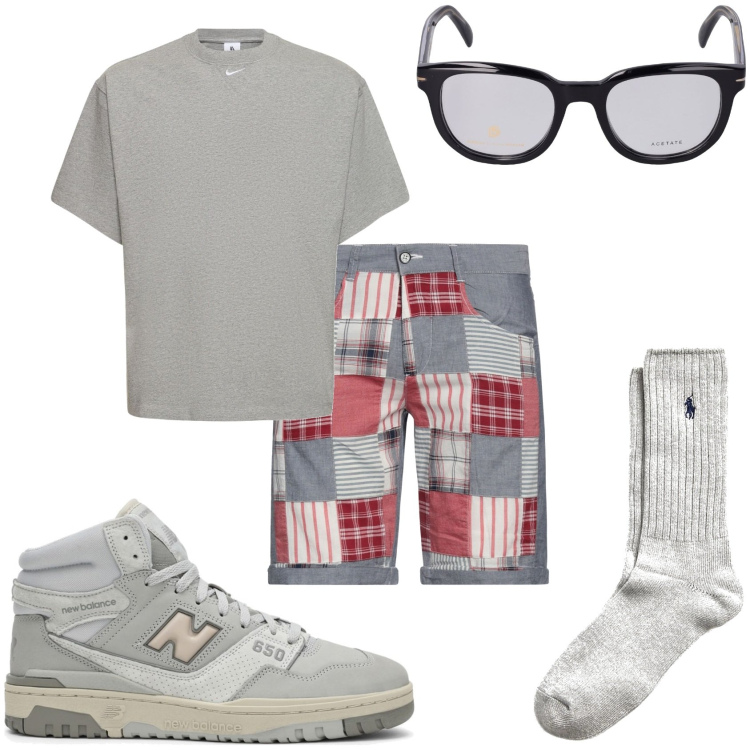 Outfit uomo - In grigio colorato. Stile Trendy per Tutti i giorni. Abbinamento con shorts, calzini, occhiali da sole, t-shirt, sneakers alte.