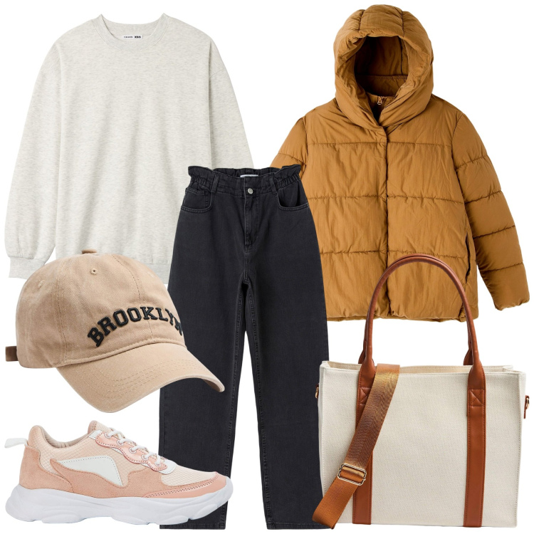 Outfit donna - Total look #1816382. Stile Urban per Scuola/Università. Abbinamento con jeans, sneakers, piumini, felpe, shopping bag, cappelli.