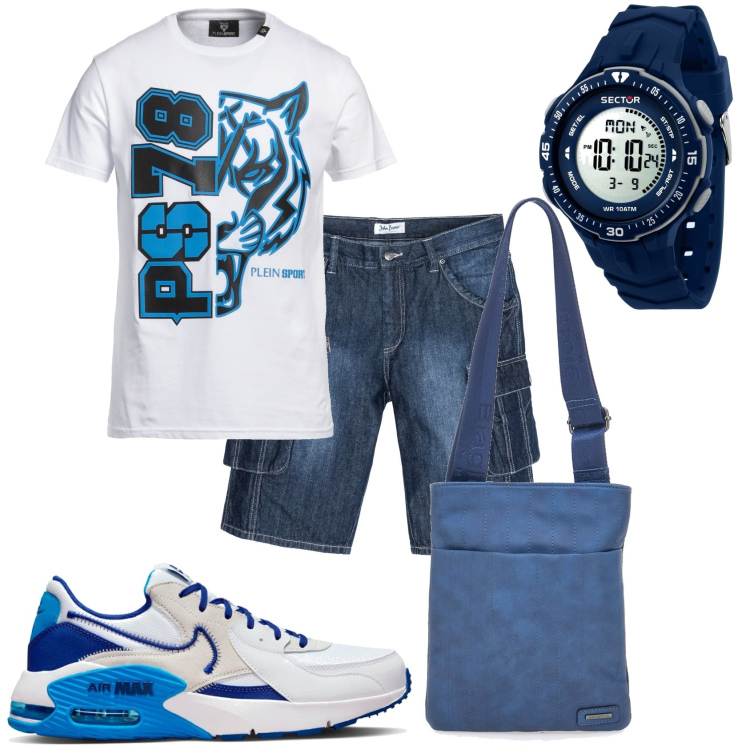 Outfit uomo - Bermuda e maglietta con stampe. Stile Casual per Tutti i giorni. Abbinamento con bermuda, t-shirt, orologi digitali, sneakers, portafogli.