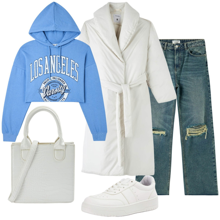 Outfit donna - Jeans anche in inverno. Stile Casual chic per Tutti i giorni. Abbinamento con jeans strappati, piumini, sneakers, shopping bag, felpe con cappuccio.